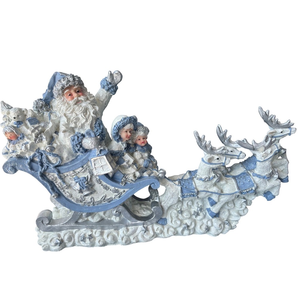 Santa Claus Sleigh and Reindeer Figurine Blue White Silver Christmas Centerpiece